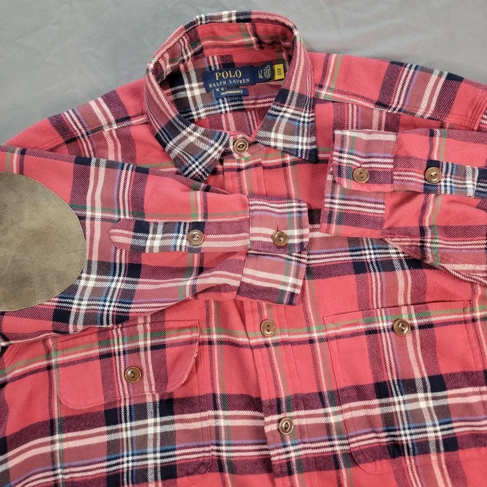Polo Ralph Lauren Flannel Shirt Men's Large Tall Red Plaid Elbow Patches Pockets